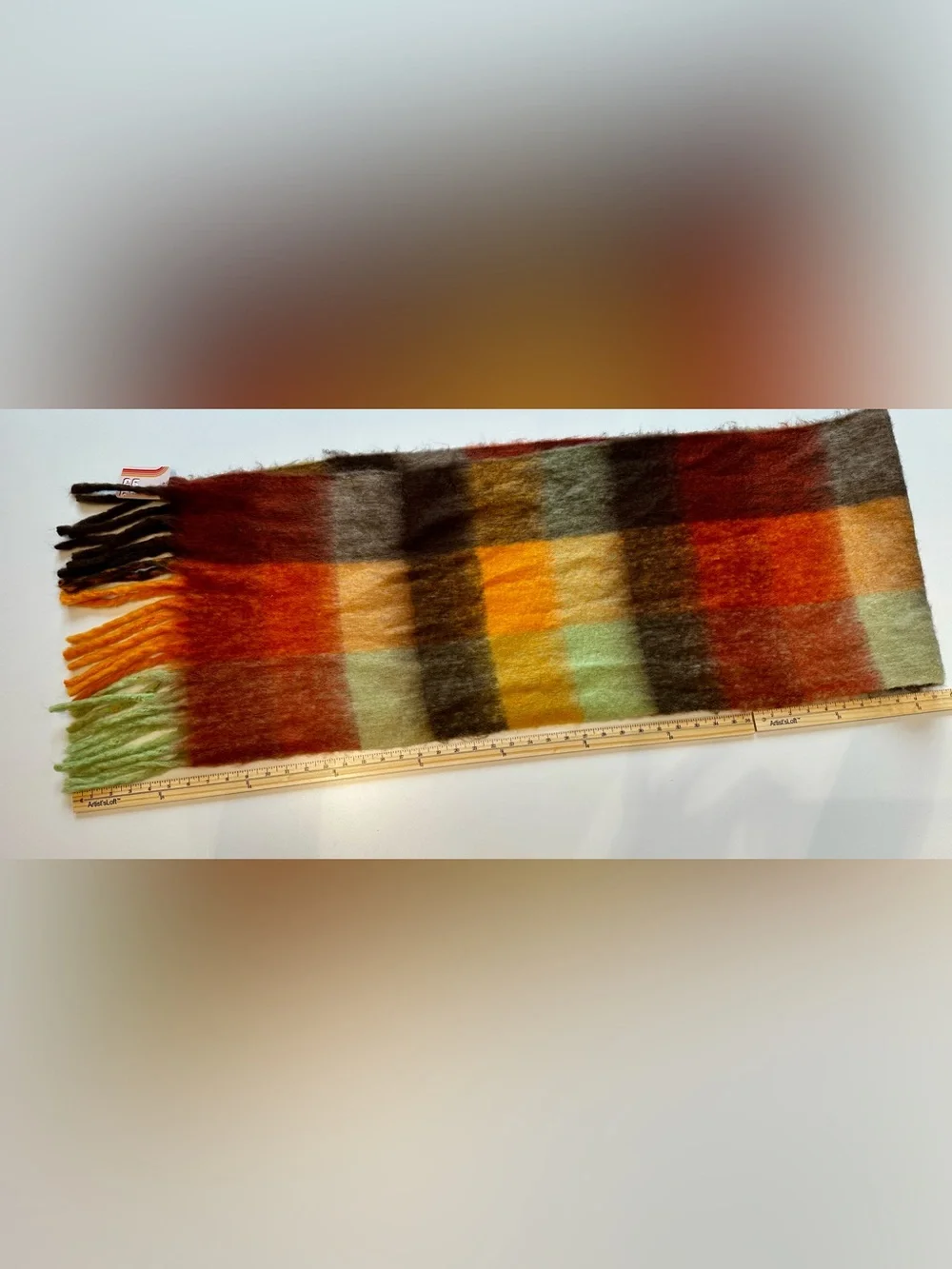 Lost Girls Colorful Checkered Plaid Scarf Orange Brown Green Fringe